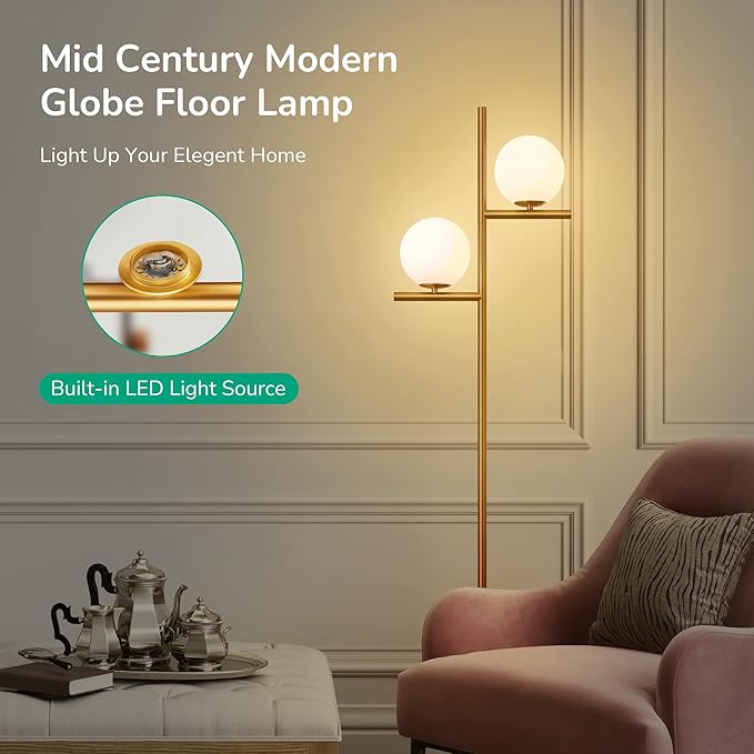 EDISHINE 67.5in Mid Century Modern Globe Floor Lamp, Upgraded Dimmable Gold Standing Lamps for Living Room, Frosted Glass Shade, LED Tall Pole Lamp for Bedroom-Brass Plating - LeafyLoom