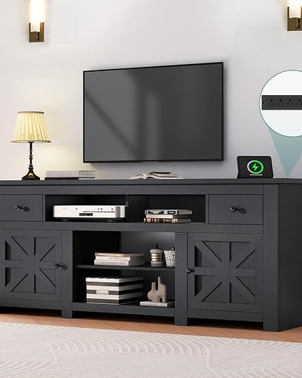 YITAHOME Farmhouse TV Stand, Entertainment Center with Power Outlet for TVs Up to 80 Inch, TV Console with Storage Drawer & Movable Partition, Rustic TV Stand for Living Room, 70" Black - LeafyLoom
