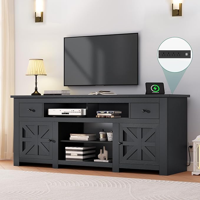YITAHOME Farmhouse TV Stand, Entertainment Center with Power Outlet for TVs Up to 80 Inch, TV Console with Storage Drawer & Movable Partition, Rustic TV Stand for Living Room, 70" Black - LeafyLoom