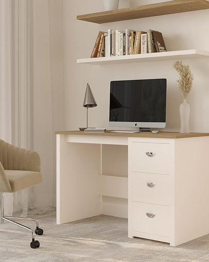 Lavish Home Traditional Desk with Attached 3-Drawer File Cabinet-for Home Office, Bedroom, Computer, or Craft Table, White and Wood Finish - LeafyLoom