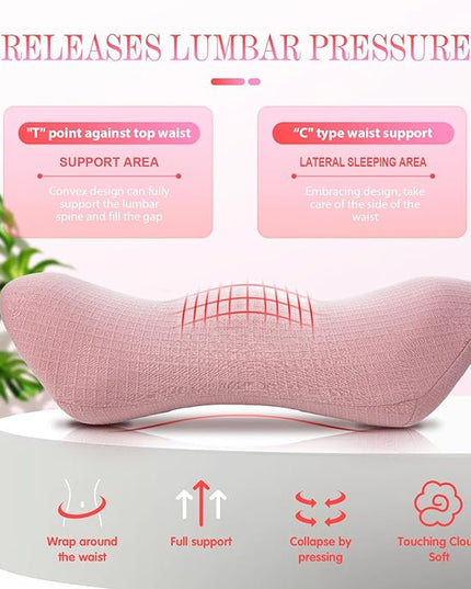 Lumbar Support Pillow - Memory Foam for Low Back Pain Relief, Ergonomic Streamline Car Seat, Office Chair, Recliner and Bed (pink) - LeafyLoom
