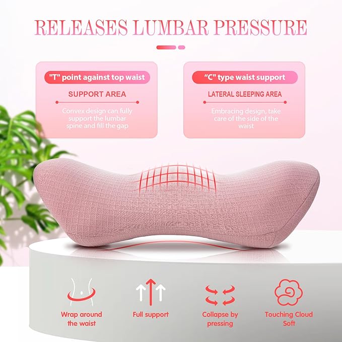 Lumbar Support Pillow - Memory Foam for Low Back Pain Relief, Ergonomic Streamline Car Seat, Office Chair, Recliner and Bed (pink) - LeafyLoom