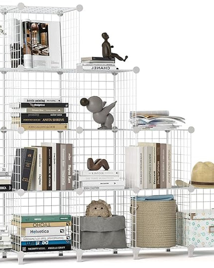 Wolizom Wire Cube Storage, Metal Grids Shelves Bookshelf, Stackable Modular Shelving Organizer, DIY Closet Bookcase Bookshelf, Grid Storage Shelf for Bedroom, Living Room, Office (White, 12 Cube) - LeafyLoom