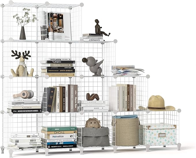 Wolizom Wire Cube Storage, Metal Grids Shelves Bookshelf, Stackable Modular Shelving Organizer, DIY Closet Bookcase Bookshelf, Grid Storage Shelf for Bedroom, Living Room, Office (White, 12 Cube) - LeafyLoom