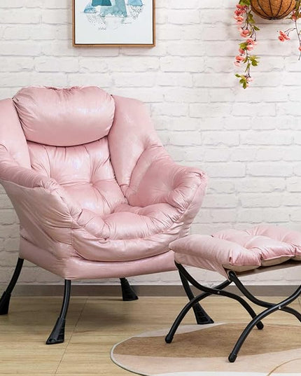 HollyHOME Fabric Lazy Chair with Foldable Ottoman, Accent Comfy Lounge Arm Chair and Folding Footrest Stool Set, Leisure Sofa Reading Chair and Footstool for Living Room, Bedroom, Dorm, Laser Pink - LeafyLoom