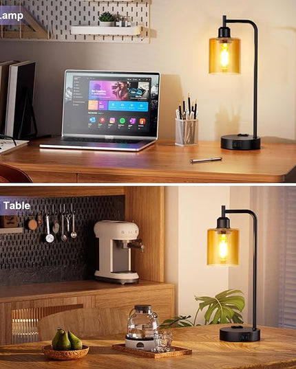 Industrial Touch Nightstand Lamps for Bedrooms Set of 2 - 3-Way Dimmable Table Lamps with USB C+A Ports and Outlet, Bedside Lamps with Amber Glass Shade for Living Room, Desk Lamps for Home Office - LeafyLoom