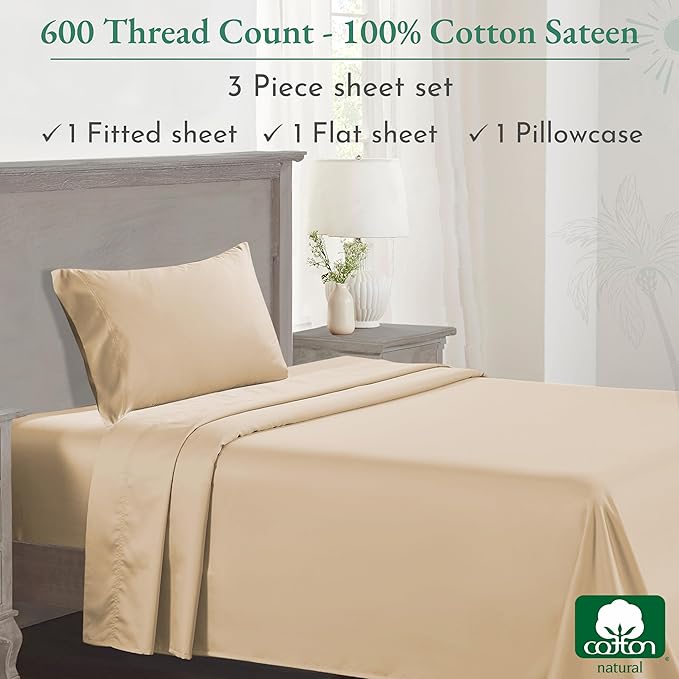 California Design Den Twin Bed Sheets 100% Cotton Sateen, 600 Thread Count, Soft, Cooling Beige Twin Sheet Set, Hotel-Quality Bedding Sheets & Pillowcases - Beige - LeafyLoom