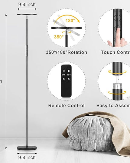 LED Floor Lamp, 2400LM Super Bright Standing Lamp 250W Equivalent with 2700K-6500K Stepless Dimming, Modern Torchiere Sky Lamp with Remote & Touch Control, 69" Tall Lamp for Living Room Bedroom Office - LeafyLoom
