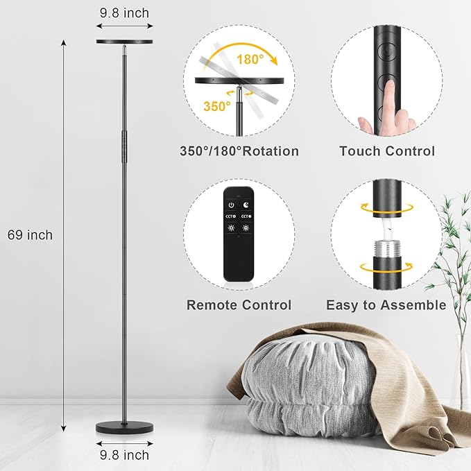 LED Floor Lamp, 2400LM Super Bright Standing Lamp 250W Equivalent with 2700K-6500K Stepless Dimming, Modern Torchiere Sky Lamp with Remote & Touch Control, 69" Tall Lamp for Living Room Bedroom Office - LeafyLoom