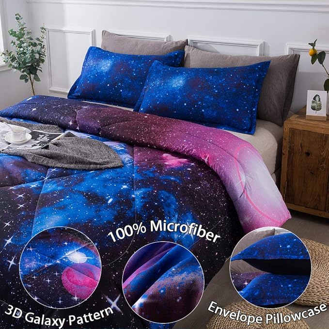 Litanika 3D Galaxy Comforter Full(79x90lnch), 3 Pieces(1 Galaxy Comforter, 2 Pillowcases), Universe Cloud Outer Space Comforter, Microfiber Bedding Set for Boys Kids - LeafyLoom