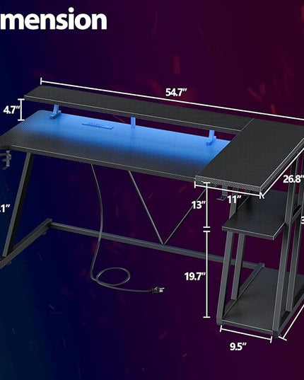 Computer Gaming Desk with Power Outlet & LED Lights, 55 Inch L Shaped Gamer Table with Storage Shelves for Bedroom, Reversible Corner Home Office Desk, Carbon Fiber Black - LeafyLoom
