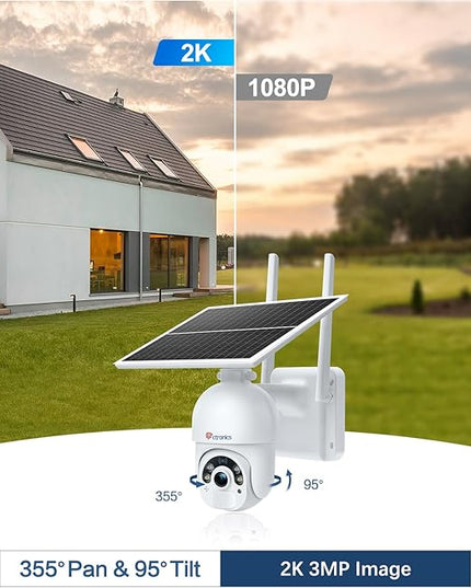 Ctronics 3MP Solar Security Camera Wireless Outdoor WiFi, PTZ Surveillacne Camera Battery-Powered for Home Security, 360° View, Spotlight Color Night Vision, PIR Human Detection, 2-Way Audio (White) Ctronics