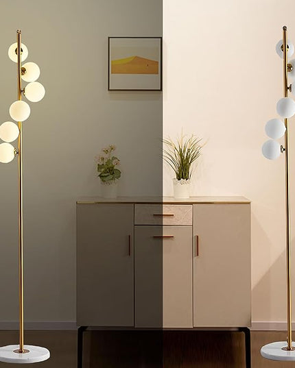 6 Globe Gold Mid Century Floor Lamp Glass Shade Antique Brass Modern Floor Lamps Contemporary Tall Pole Standing Lamp for Living Room Bedroom 3ColorTemperatures - LeafyLoom