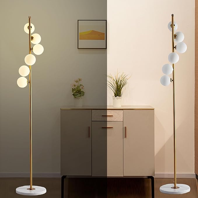 6 Globe Gold Mid Century Floor Lamp Glass Shade Antique Brass Modern Floor Lamps Contemporary Tall Pole Standing Lamp for Living Room Bedroom 3ColorTemperatures - LeafyLoom