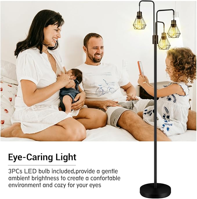 BoostArea Industrial Floor Lamp,Metal Diamond Lampshade,Modern Stand Up Lamp with 3 Light, Bulbs Not Included,Simple Design Floor Lamp for Bedroom, Living Room, Office, Kids Room, Reading - LeafyLoom