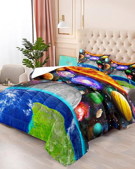 Space Comforter Set Queen Size Planet Universe Bedding Set Queen Solar System Galaxy Bed Comforter Sets Outer Space Home Decor for Boys Bedroom Earth Quilt Set with 1 Comforter 2 Pillowcases - LeafyLoom