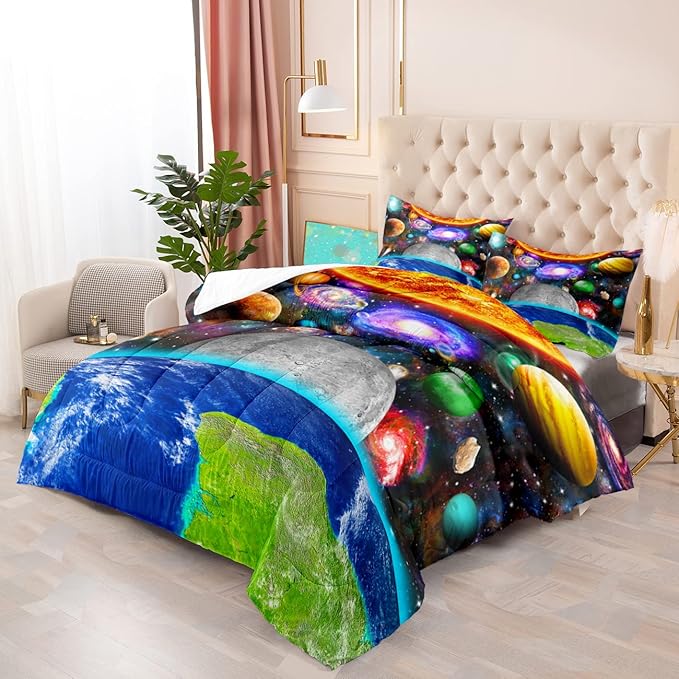 Space Comforter Set Queen Size Planet Universe Bedding Set Queen Solar System Galaxy Bed Comforter Sets Outer Space Home Decor for Boys Bedroom Earth Quilt Set with 1 Comforter 2 Pillowcases - LeafyLoom