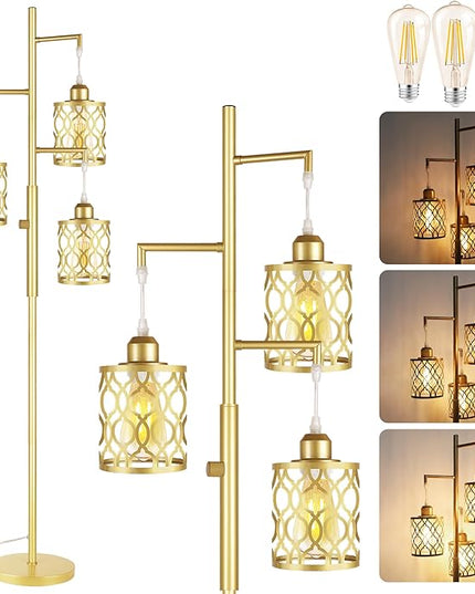68" Gold Floor Lamp, Dimmable Industrial Floor Lamps for Living Room, 3 Light Rustic Standing Tall Lamp Including 3 PCS 6W E26 Bulbs, Farmhouse Tree Floor Lamp for Bedrooms, Office, Bar - LeafyLoom