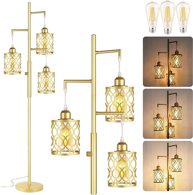 68" Gold Floor Lamp, Dimmable Industrial Floor Lamps for Living Room, 3 Light Rustic Standing Tall Lamp Including 3 PCS 6W E26 Bulbs, Farmhouse Tree Floor Lamp for Bedrooms, Office, Bar - LeafyLoom