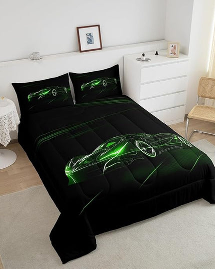 Feelyou Green Race Car Bedding Set King Size for Kids Boys Extreme Sport Games Comforter Set Teens Toddler Fast and Furious Duvet Set Cool Modern Quilt Set 3Pcs - LeafyLoom