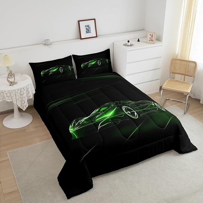 Feelyou Green Race Car Bedding Set King Size for Kids Boys Extreme Sport Games Comforter Set Teens Toddler Fast and Furious Duvet Set Cool Modern Quilt Set 3Pcs - LeafyLoom