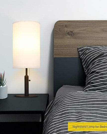 Bedside Table Lamp for Nightstand Living Room Lamps for Bedroom Metal Fabric Pull Chain Switch Small Desk Lamps 3-Color Temperatures Home Office End Table Room Décor (White+Black) - LeafyLoom