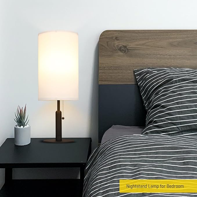 Bedside Table Lamp for Nightstand Living Room Lamps for Bedroom Metal Fabric Pull Chain Switch Small Desk Lamps 3-Color Temperatures Home Office End Table Room Décor (White+Black) - LeafyLoom