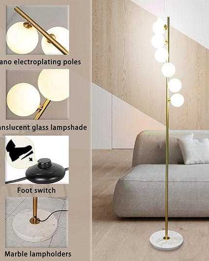 6 Globe Gold Mid Century Floor Lamp Glass Shade Antique Brass Modern Floor Lamps Contemporary Tall Pole Standing Lamp for Living Room Bedroom 3ColorTemperatures - LeafyLoom