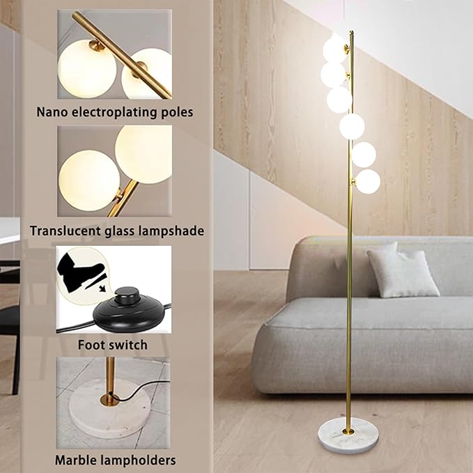 6 Globe Gold Mid Century Floor Lamp Glass Shade Antique Brass Modern Floor Lamps Contemporary Tall Pole Standing Lamp for Living Room Bedroom 3ColorTemperatures - LeafyLoom