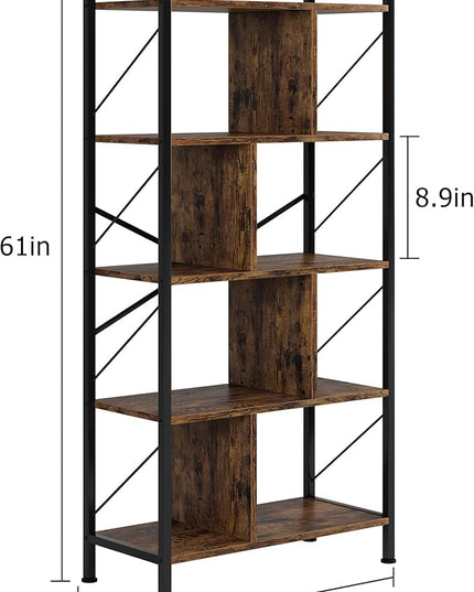 5 Tier Bookshelf with Storage, 61 Inch Tall Industrial Book Shelf with Open Display Bookshelves, 5 Shelf Bookcase with Metal Frame for Living Room, Bedroom and Home Office-Rustic Brown - LeafyLoom