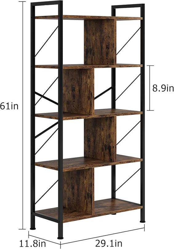 5 Tier Bookshelf with Storage, 61 Inch Tall Industrial Book Shelf with Open Display Bookshelves, 5 Shelf Bookcase with Metal Frame for Living Room, Bedroom and Home Office-Rustic Brown - LeafyLoom