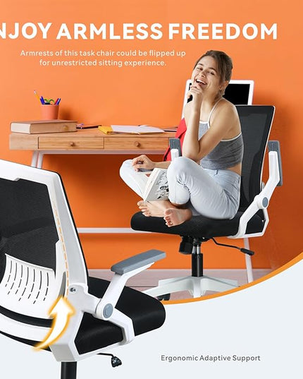 COMHOMA Office Chair with Flip-up Armrests Ergonomic Computer Desk Chair Foldable Mesh Task Chair with Wheels Adaptive Lumbar Support Swivel Tilt Comfortable Study Chair for Student, White - LeafyLoom