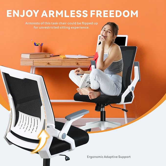 COMHOMA Office Chair with Flip-up Armrests Ergonomic Computer Desk Chair Foldable Mesh Task Chair with Wheels Adaptive Lumbar Support Swivel Tilt Comfortable Study Chair for Student, White - LeafyLoom