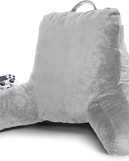 Clara Clark Reading Pillow, Standard Back Pillow for Sitting Up in Bed, Memory Foam Back Support Pillow, Reading Pillows for Sitting in Bed, Light Grey Sit Up Pillow for Bed, Arm Pillow with Pockets - LeafyLoom