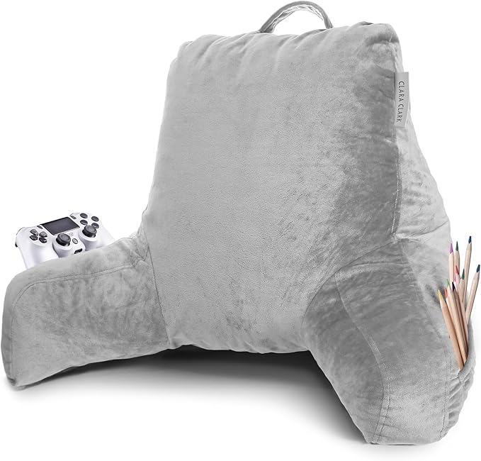 Clara Clark Reading Pillow, Standard Back Pillow for Sitting Up in Bed, Memory Foam Back Support Pillow, Reading Pillows for Sitting in Bed, Light Grey Sit Up Pillow for Bed, Arm Pillow with Pockets - LeafyLoom
