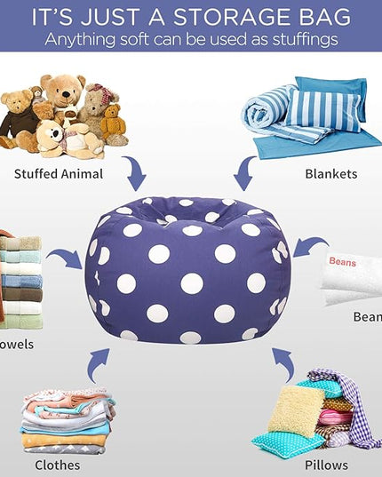 Aubliss Stuffed Animal Storage Bean Bag Chair Cover (No Beans), Stuff and Sit Storage Bean Bag for Kids Toy Storage, X-Large 48"-Canvas Dot Navy - LeafyLoom