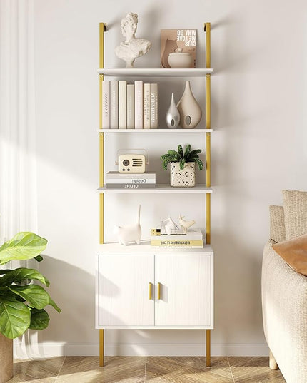 Yusong 73" Tall Bookshelf with Cabinet, Industrial Ladder Wall Mount Shelf Bookcase with Wood and Metal Frame, Plant Shelf Wall Storage Display for Living Room Bedroom, White Gold - LeafyLoom