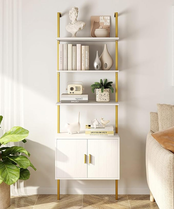 Yusong 73" Tall Bookshelf with Cabinet, Industrial Ladder Wall Mount Shelf Bookcase with Wood and Metal Frame, Plant Shelf Wall Storage Display for Living Room Bedroom, White Gold - LeafyLoom