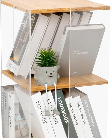 MYOYAY 360°Rotating Bookshelf 2 Tier Small Bookshelf with Doors Acrylic Bookshelf Spinning Modern Bookshelf Display Bookcase Rotating Storage Rack for Collectibles, Office, Bedroom or Living Room - LeafyLoom