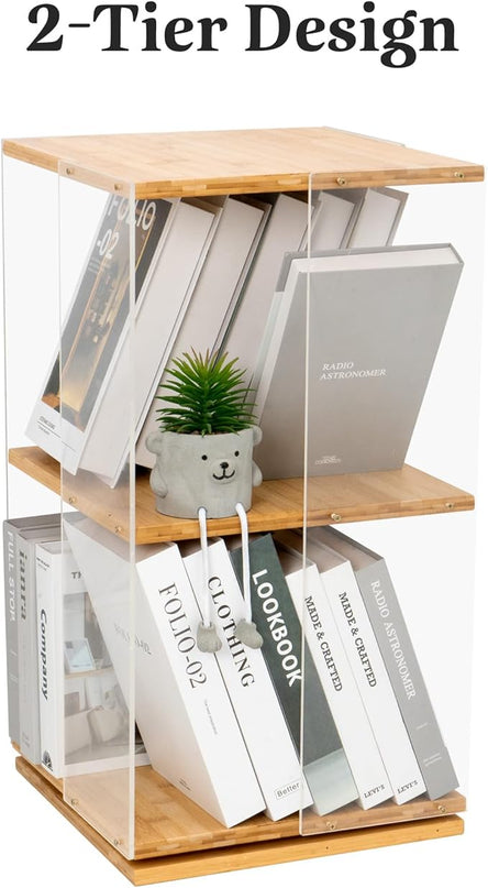 MYOYAY 360°Rotating Bookshelf 2 Tier Small Bookshelf with Doors Acrylic Bookshelf Spinning Modern Bookshelf Display Bookcase Rotating Storage Rack for Collectibles, Office, Bedroom or Living Room - LeafyLoom