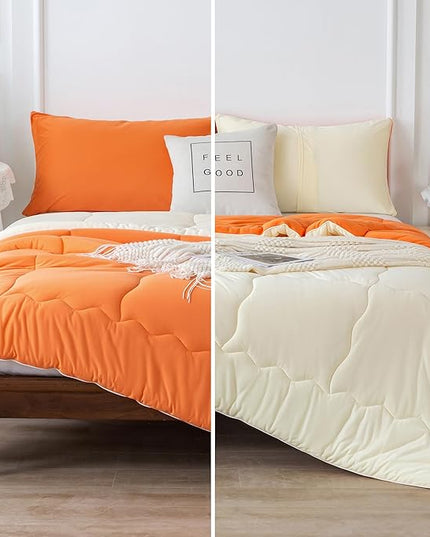 COTTEBED Reversible Ultra-Soft Bright Orange Beige Twin Comforter Set for Girl Boy Kid Dorm, Jersey Knit T-Shirt Feel Cute Lightweight Cozy Comfy Bedding Blanket Down Conforter All Season Twin/Twin XL - LeafyLoom