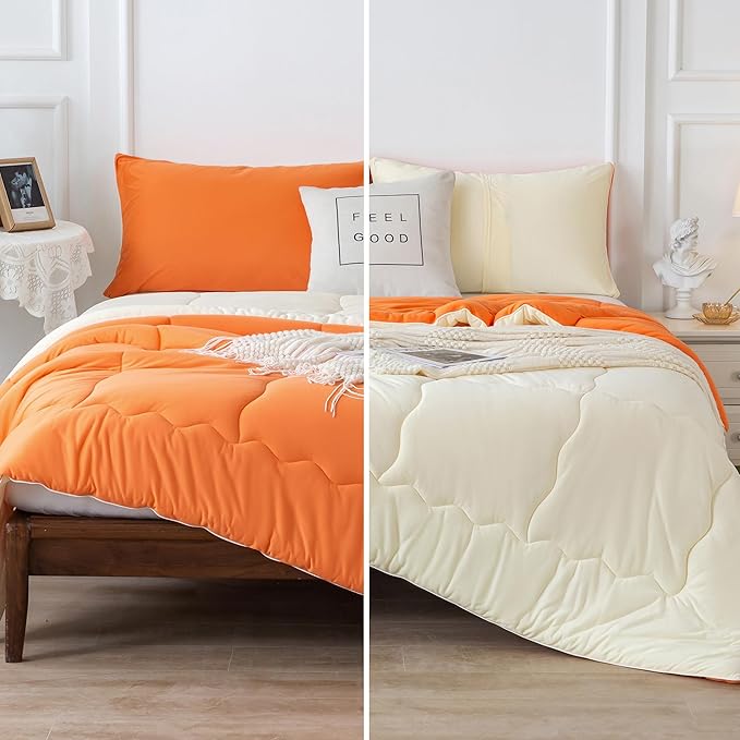 COTTEBED Reversible Ultra-Soft Bright Orange Beige Twin Comforter Set for Girl Boy Kid Dorm, Jersey Knit T-Shirt Feel Cute Lightweight Cozy Comfy Bedding Blanket Down Conforter All Season Twin/Twin XL - LeafyLoom