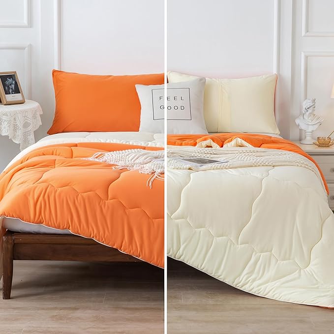 COTTEBED Reversible Softness Bright Orange and Beige King Size Comforter Set Clearance, Jersey Knit T-Shirt Feel California King Cozy Bedding Down Blanket Quilt & Pillowsham for Women Men All Season - LeafyLoom