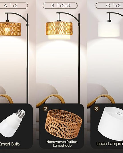 Arc Floor Lamp with 10 Color Temperatures, 10 Brightness, Remote & App Control, Boho Tall Standing Lamps with Smart Bulb, Rattan & Fabric Double Drum Shade for Living Room, Bedroom, Home Office - LeafyLoom