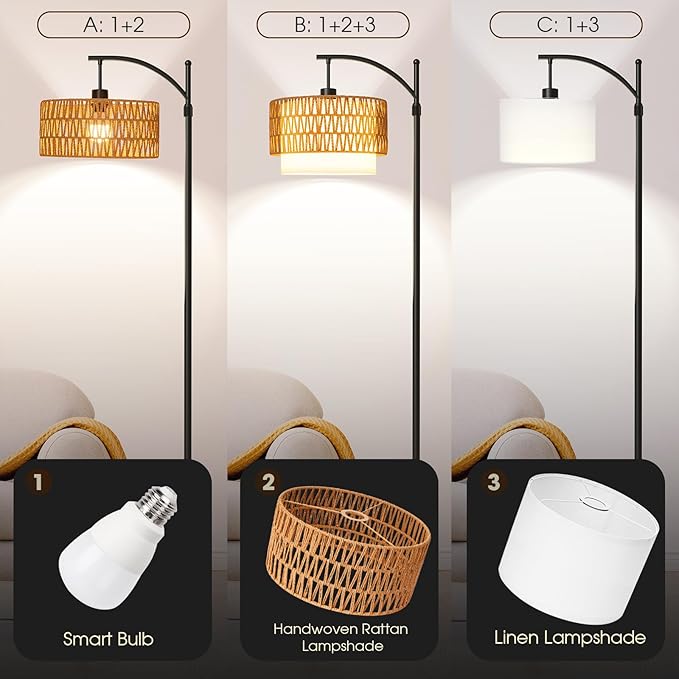 Arc Floor Lamp with 10 Color Temperatures, 10 Brightness, Remote & App Control, Boho Tall Standing Lamps with Smart Bulb, Rattan & Fabric Double Drum Shade for Living Room, Bedroom, Home Office - LeafyLoom
