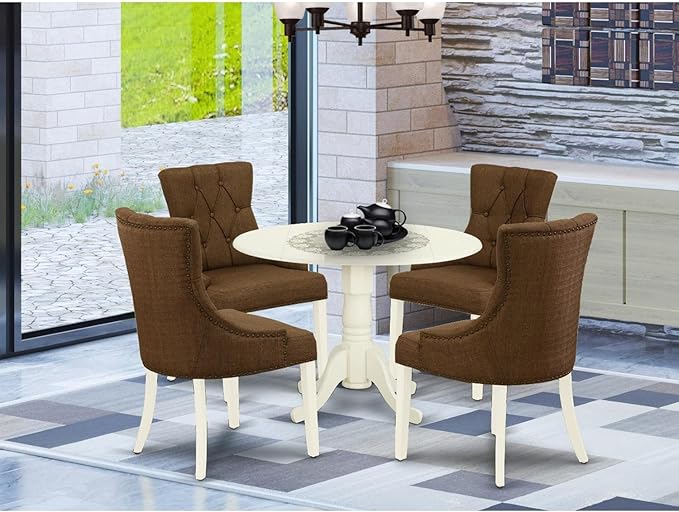 East West Furniture Dublin 5 Piece Kitchen Set for 4 Includes a Round Dining Room Table with Dropleaf and 4 Brown Linen Fabric Upholstered Chairs, 42x42 Inch, DLFR5-WHI-18 - LeafyLoom