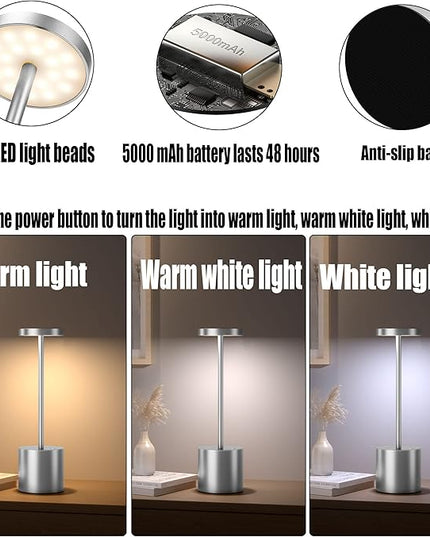 2Pack Cordless Table Lamp, Rechargeable LED Battery 5000mAh Metal USB Portable Powered Desk Lamp, 3 Levels Brightness Light for Restaurants Outdoor (2pack 10.25in Silver) - LeafyLoom