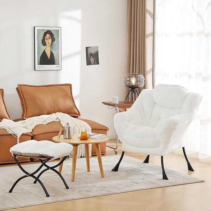 Cozy Lazy Chair and Ottoman, Large Contemporary Accent Lounge Chair Set, Leisure Upholstered Reading Armchair for Bedroom, Living Room, Dorm Rooms, Office - LeafyLoom