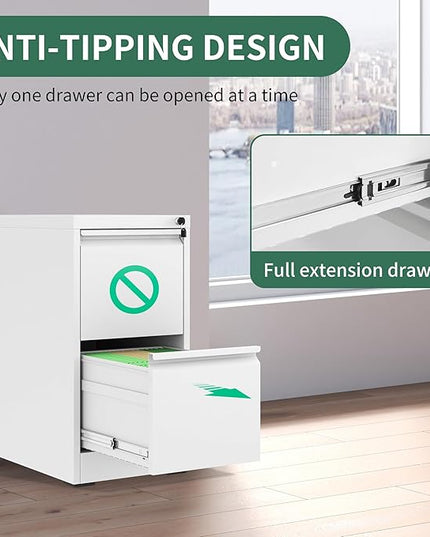 2 Drawer File Cabinet with Lock, Metal Vertical Filing Cabinets for Home Office, Steel Storage Cabinet for Hanging Legal/Letter Size Files, Assembly Required (White) - LeafyLoom