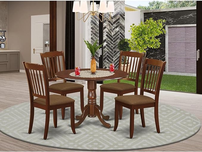 East West Furniture DLDA5-MAH-C Dublin 5 Piece Kitchen Set for 4 Includes a Round Room Table with Dropleaf and 4 Linen Fabric Upholstered Dining Chairs, 42x42 Inch, Mahogany - LeafyLoom